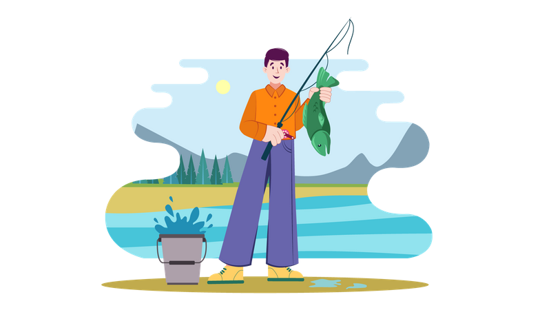 Young man catch fish  Illustration