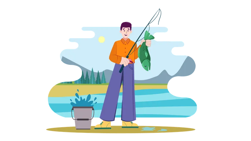 Young man catch fish  Illustration