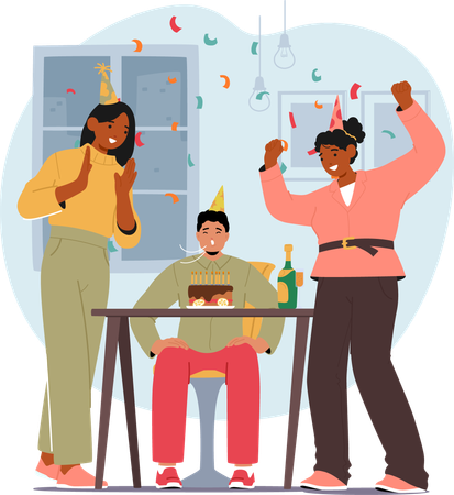 Young Man Celebrating His Birthday with Two Female Friends  Illustration