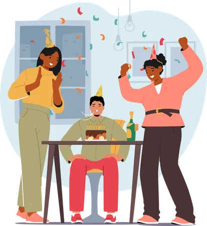 Young Man Celebrating His Birthday with Two Female Friends  Illustration