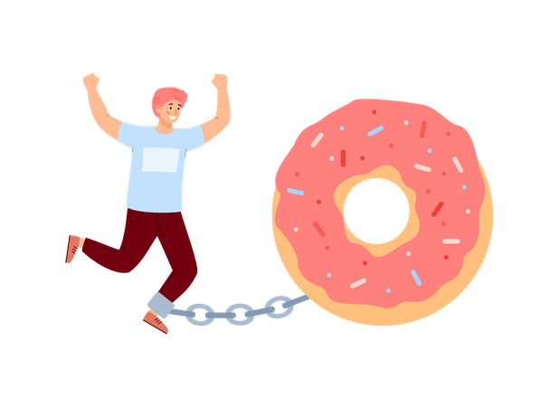 Young man chained to donut  Illustration