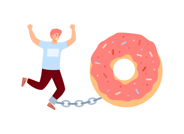 Young man chained to donut  Illustration