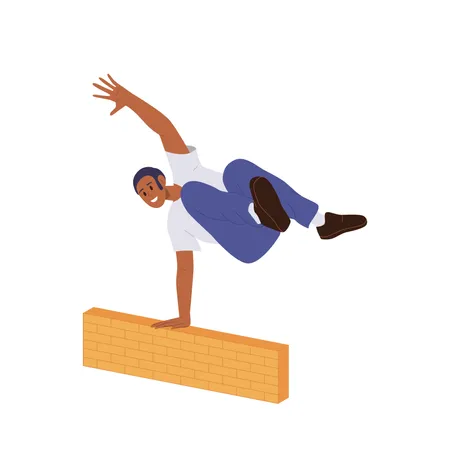 Young man character jumping over wall barrier on street  Illustration