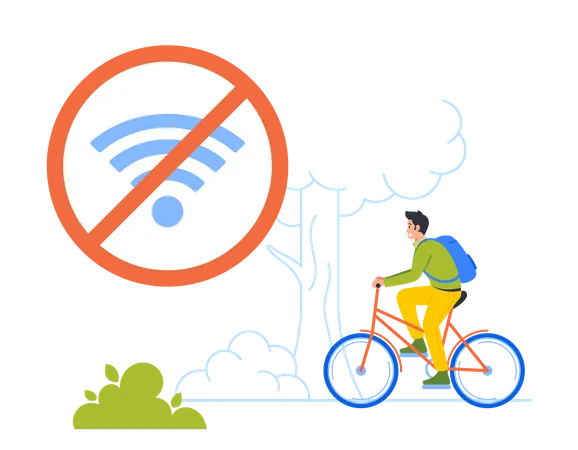 Digital Detox No Wi Fi Concept With Smiling Young Man Character Riding Bicycle Cheerful Adult Resting In Park Interesting Pastime Without Internet In Nature Cartoon People Vector Illustration Illustration