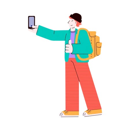 Young man character - student or traveler, tourist with backpack doing selfie photo using mobile phone Illustration