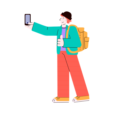 Young man character - student or traveler, tourist with backpack doing selfie photo using mobile phone  Illustration