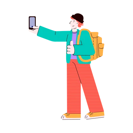 Young man character - student or traveler, tourist with backpack doing selfie photo using mobile phone  Illustration