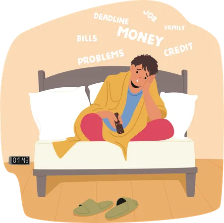 Young man character suffering from insomnia thinking about job bills credit and family problems  Illustration