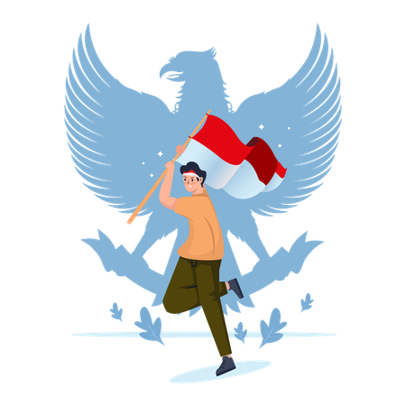 Young man character with Indonesian flag and garuda symbol  Illustration