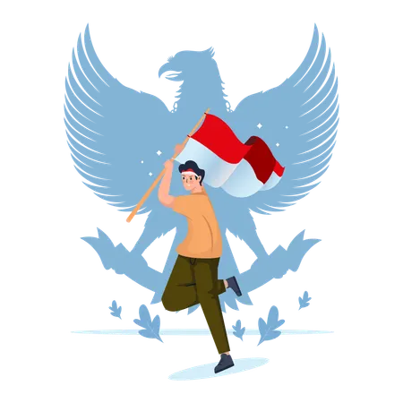 Young man character with Indonesian flag and garuda symbol  Illustration