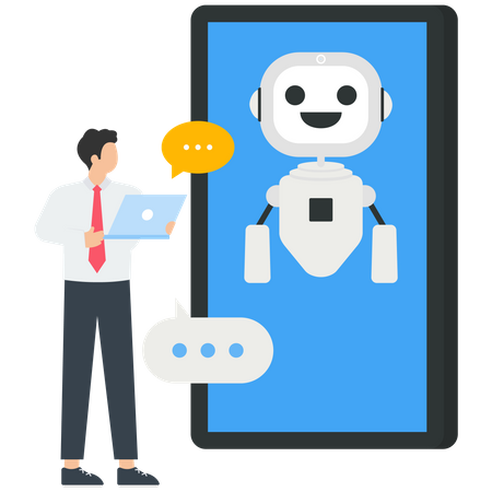 Young man chatting with robots and asking questions and receiving answers Illustration