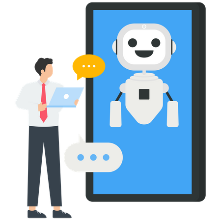 Young man chatting with robots and asking questions and receiving answers  Illustration