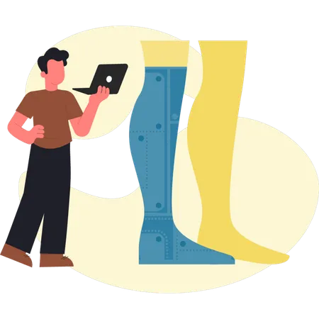 Young man checking artificial leg  Illustration