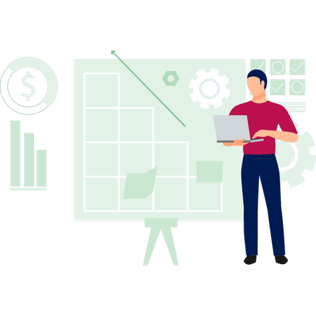 노트북에서 비즈니스 그래프를 확인하는 청년  일러스트레이션