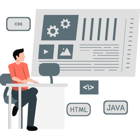 Young man checking computer programming language  Illustration