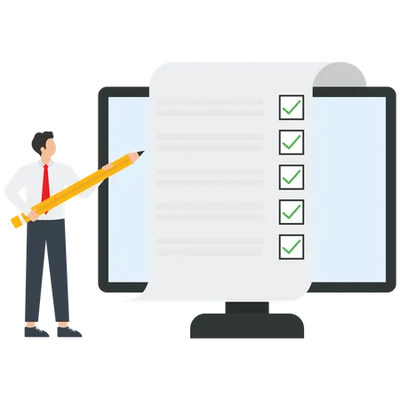 Online Questionnaire On A Computer Electronic Voting Online Survey Of The Quality Of Products Or Services Online Testing Or Exam In A Remote Format A Man Marks Tasks In A Digital Checklist Vector Illustration