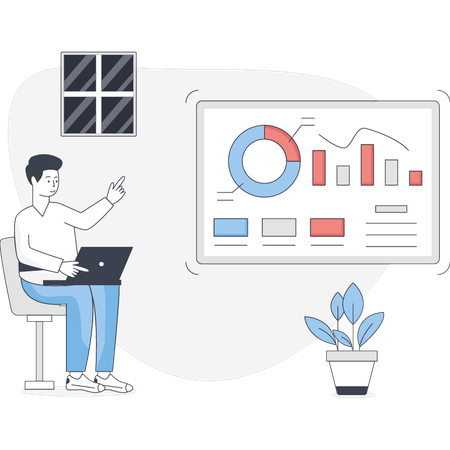 Young man checking pie chart garph  Illustration