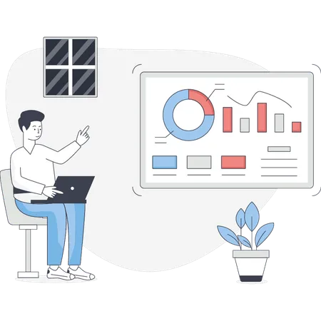 Young man checking pie chart garph  Illustration