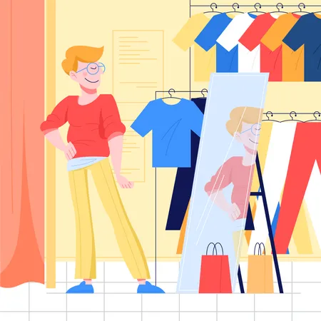 Young Man Choosing Clothes Guy Trying On New Clothes In Shop Isolated Flat Illustration Illustration