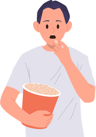 Young man cinema film spectator  feeling scared and shock eating popcorn snack  Illustration