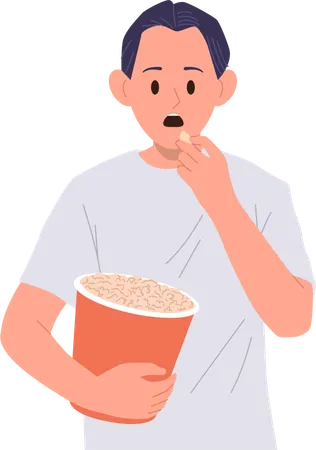 Young man cinema film spectator  feeling scared and shock eating popcorn snack  Illustration