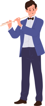 Young man classical musician character playing flute performing  Illustration