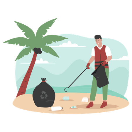 Young man clean up trash on beach  Illustration