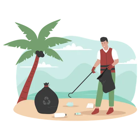 Young man clean up trash on beach  Illustration