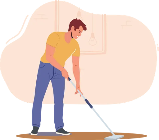Home Routine Household Duties Young Man Doing Domestic Work In Living Room Cleaning Floor With Mop Every Day Or Weekend Chores Male Character Mopping Apartment Cartoon Vector Illustration Illustration