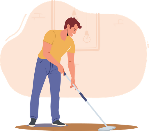 Young Man Cleaning Floor with Mop  Illustration