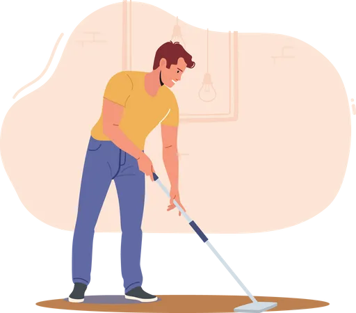 Young Man Cleaning Floor with Mop  Illustration