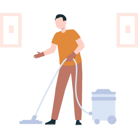 Young man cleaning floor with vacuum cleaner  イラスト