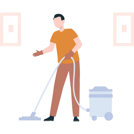 Young man cleaning floor with vacuum cleaner  イラスト