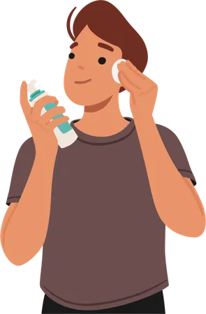 Young Man Character Vigorously Cleanses His Face With Refreshing Tonic The Cool Liquid Invigorating His Skin As He Wipes Away The Day Fatigue And Impurities Cartoon People Vector Illustration Illustration