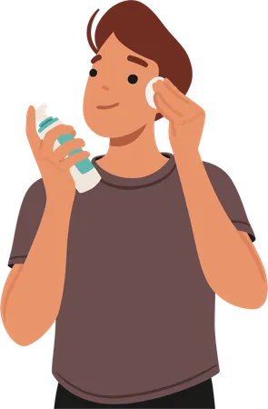 Young Man Cleanses Face With Refreshing Tonic  Illustration