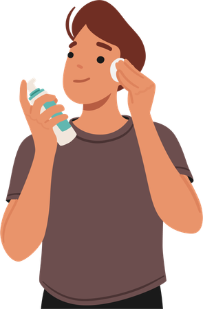 Young Man Cleanses Face With Refreshing Tonic  일러스트레이션