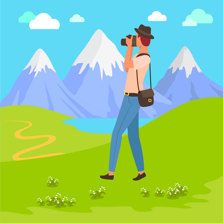 Young man clicking photo at maintain  Illustration