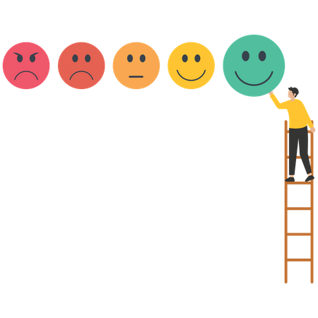 Young man climb up ladder to give positive smile feedback rating  Illustration