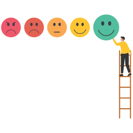 Young man climb up ladder to give positive smile feedback rating  Illustration