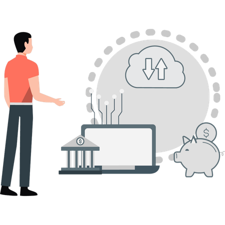 Young man collecting in piggy bank  Illustration