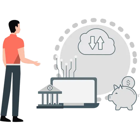 Young man collecting in piggy bank  Illustration