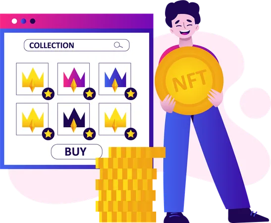 NFT を集める若者  イラスト