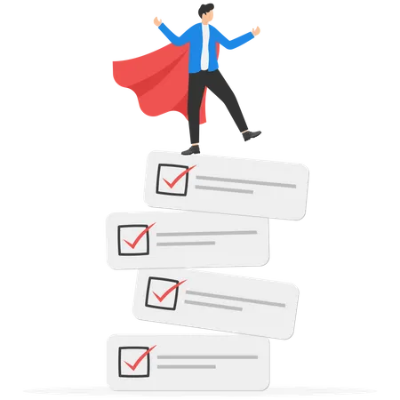 Task Management Project Plan Or Task List To Finish Productivity To Complete Work Within Deadline Efficiency To Organize Project Checklist Businessman Superhero Flying With Completed Task Boards Illustration