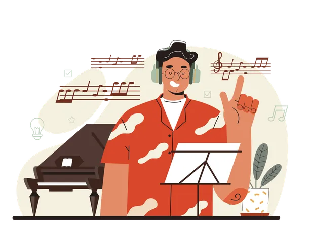 Composer Author Making And Playing Music With Professional Equipment Talented Songwriter Classic Jazz And Rock Music Composing Flat Vector Illustration Illustration