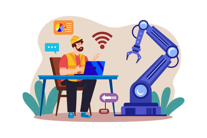 Young Man Controlling Factory Robot With Laptop  Illustration