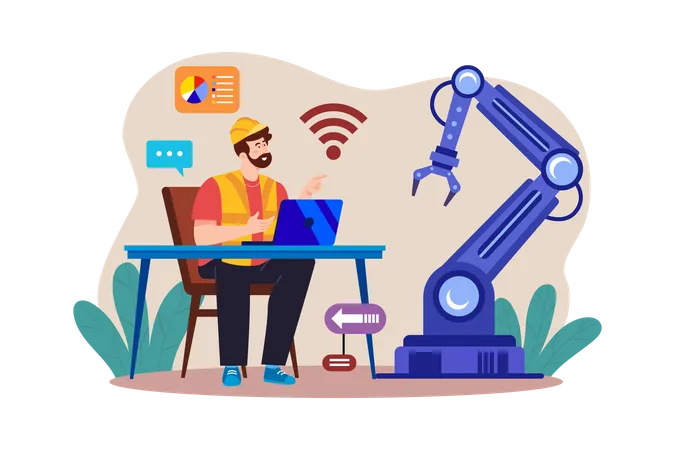 Young Man Controlling Factory Robot With Laptop  Illustration