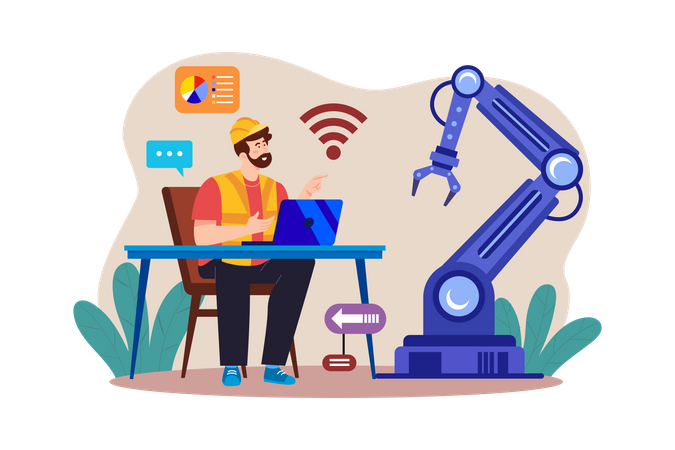 Young Man Controlling Factory Robot With Laptop  일러스트레이션