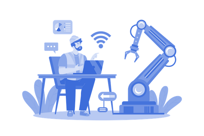 Young Man Controlling Factory Robot With Laptop  일러스트레이션