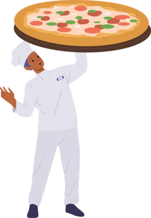 Young man cook holding pizza  Illustration