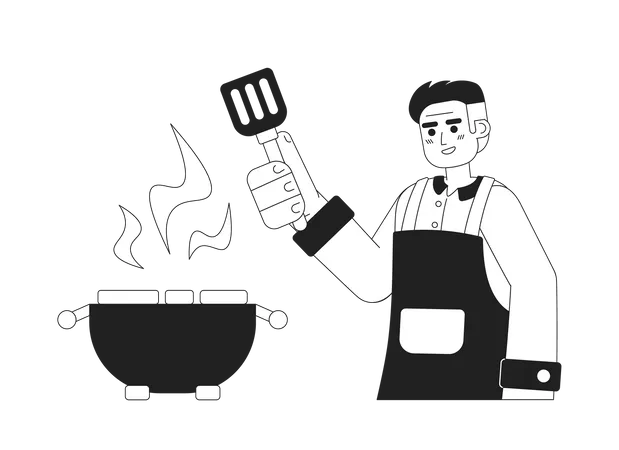 Young man cooking on bbq grill  Illustration